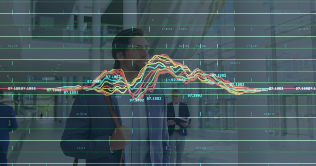 Businessman Analyzing Virtual Financial Data Trends in Modern Office