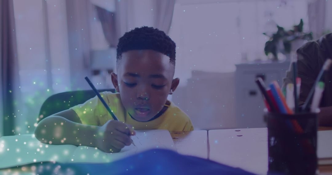 Focused Boy Doing Homework with Magical Lighting Effect
