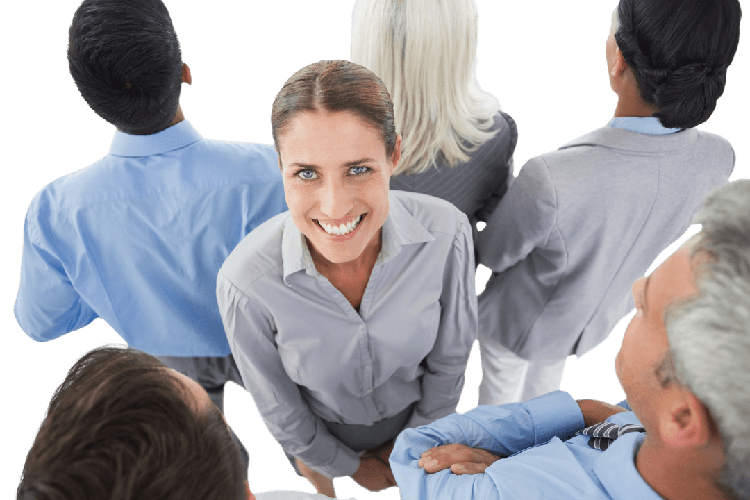 Businesswoman Smiling Proudly Surrounded by Team Transparent Background