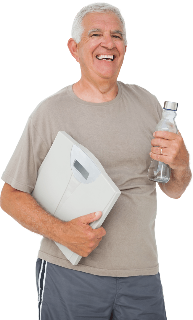 Happy Senior Man Holding Water Bottle and Scale on Transparent Background