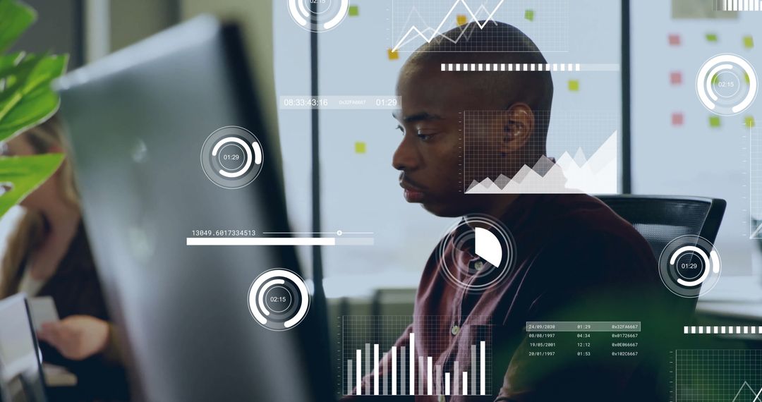 Businessman Analyzing Data in Modern Office with Technology Interface - Free Images, Stock Photos and Pictures on Pikwizard.com