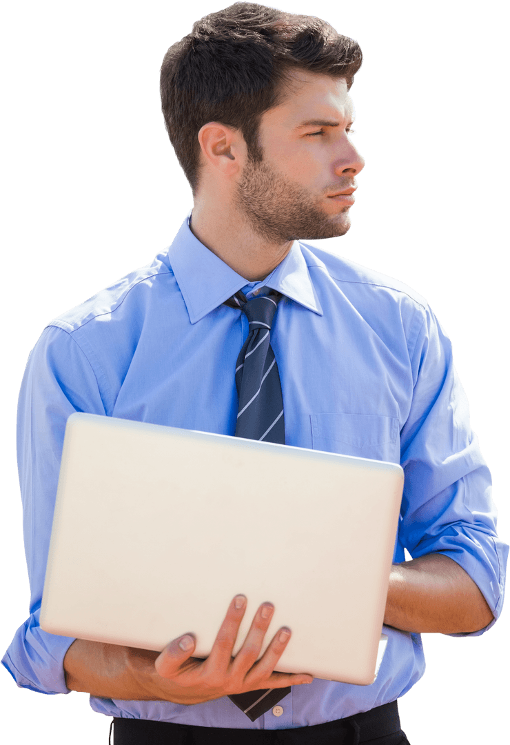 Focused Businessman Using Laptop on Transparent Background
