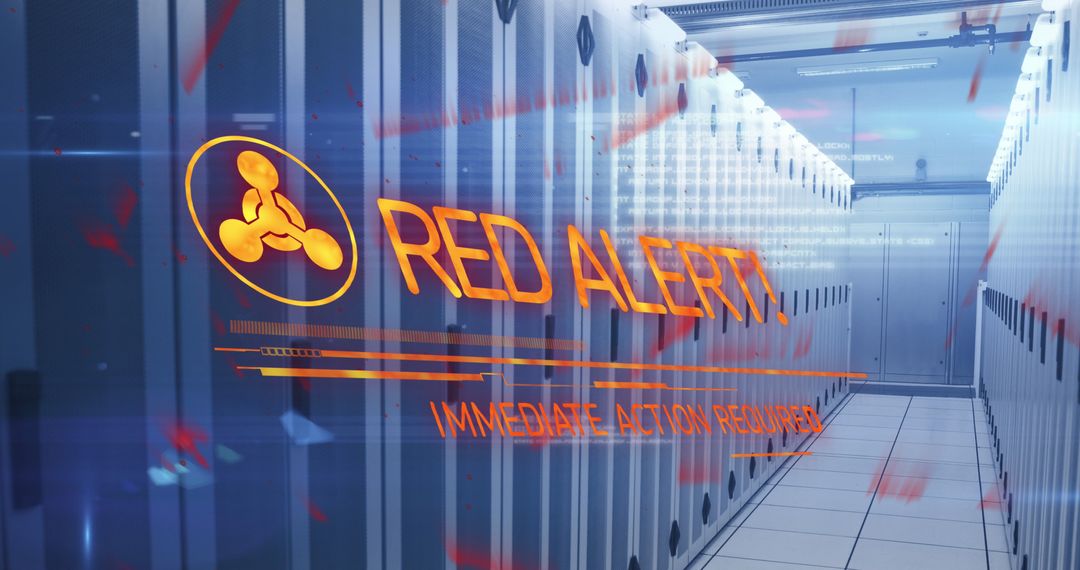 Cybersecurity Threat Red Alert During Crisis in Modern Server Room