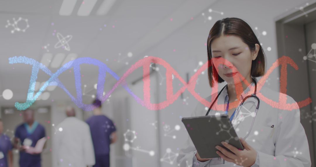Asian Female Doctor Analyzing Genetic Data in Hospital