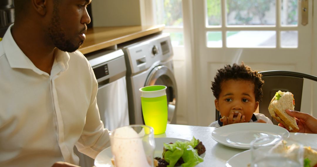 African American Father and Son Eating Healthy Meal in Kitchen - Free Images, Stock Photos and Pictures on Pikwizard.com