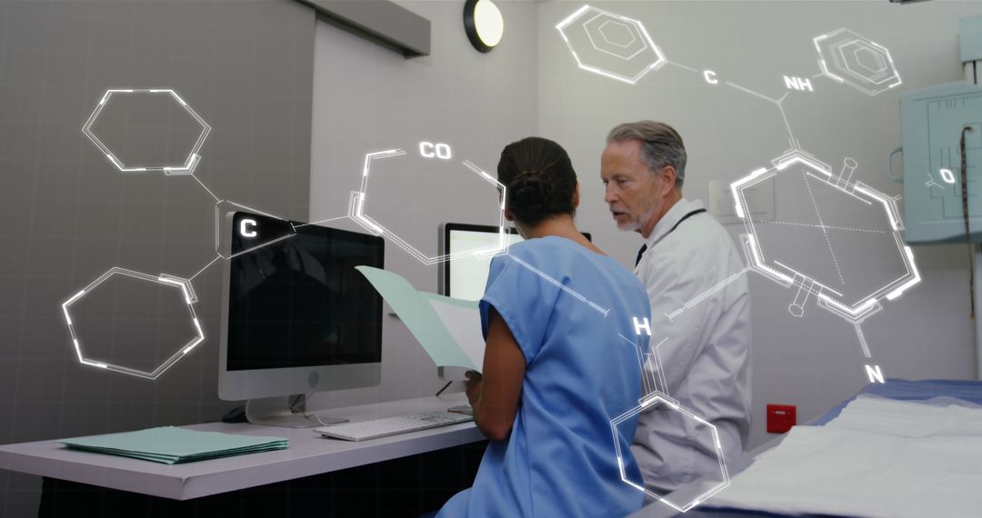 Healthcare Professionals Analyzing Medical Data with Chemical Formulas Overlay