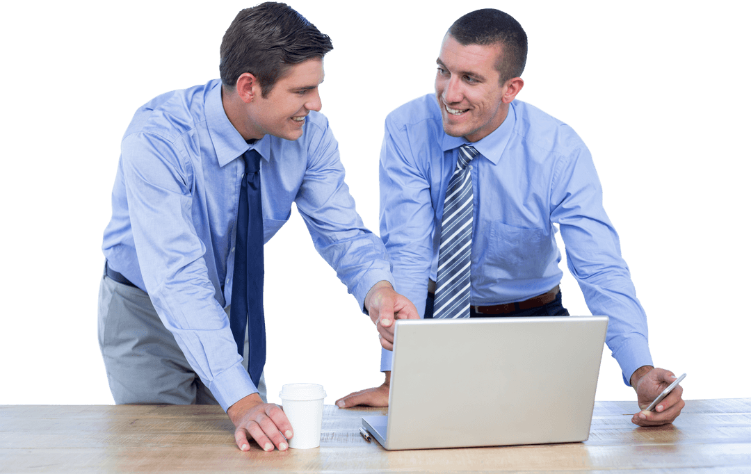 Transparent Two Businessmen Collaborating Over Laptop in Office