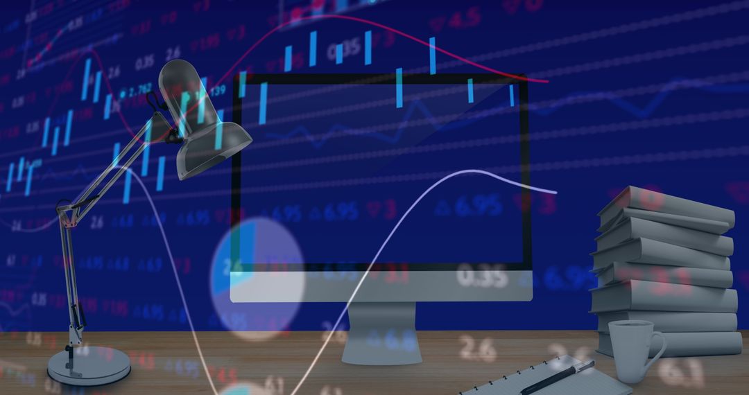 Modern Office Desk with Financial Data Projection