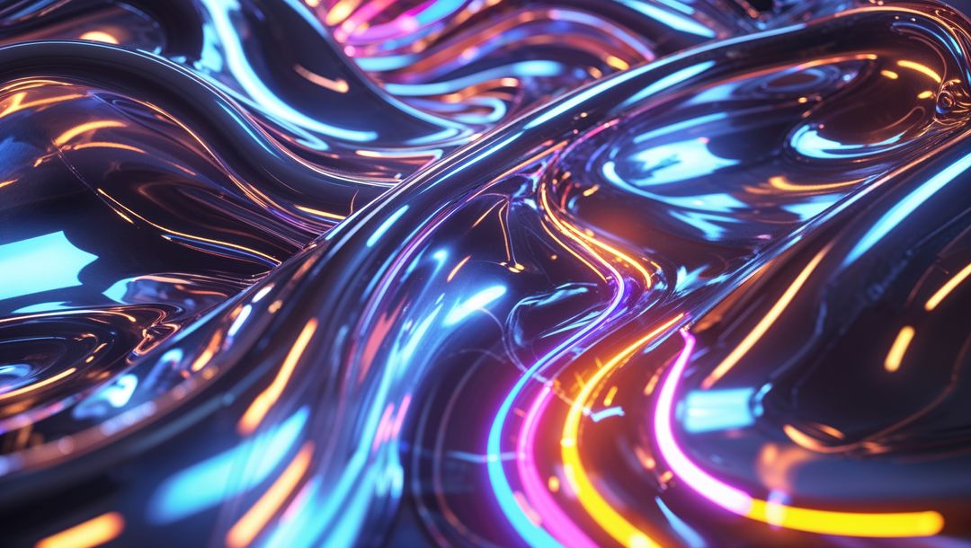 Shimmering Metallic Wave-like Surface with Vibrant Neon Light Streaks