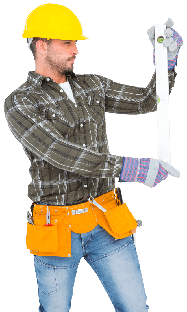 Transparent Image of Focused Construction Worker Using Spirit Level