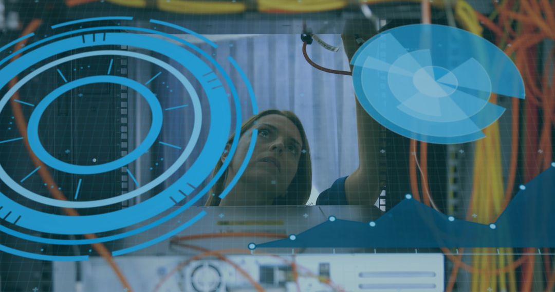 Woman Working in Data Center with Futuristic Interface Overlays
