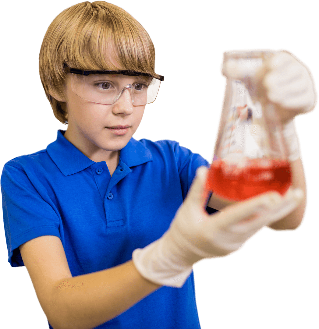 Young Boy Analyzing Liquid in Transparent Conical Flask