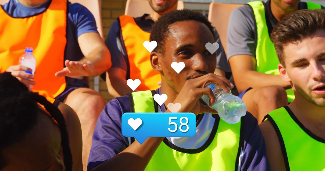Athletes Resting on Bleachers with Social Media Engagement