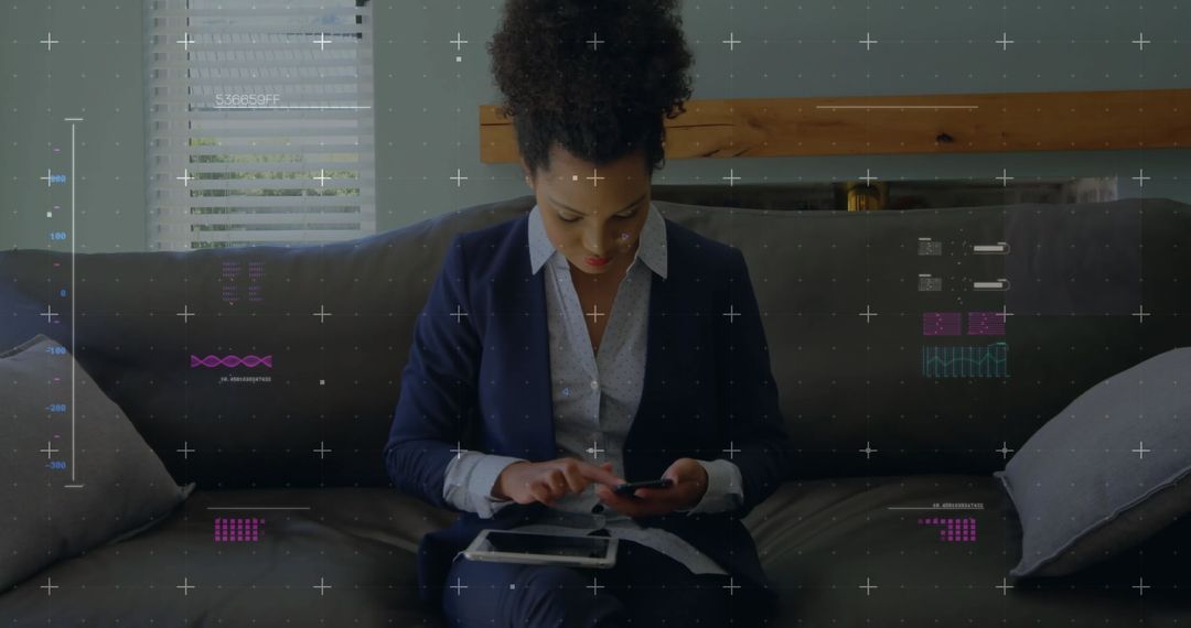 Businesswoman Utilizing Smartphone with Data Interface