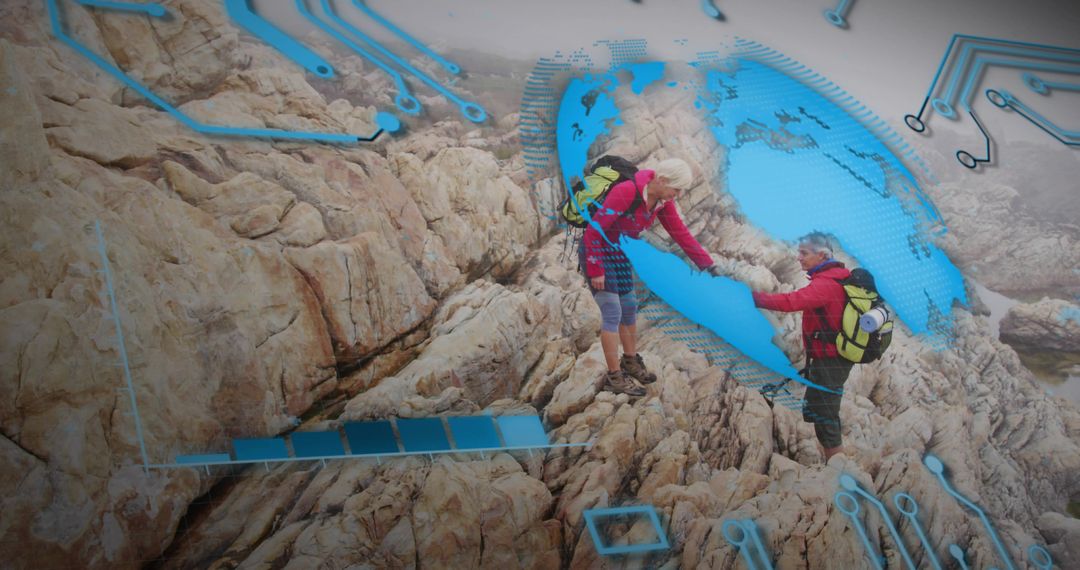 Senior Hikers Helping Each Other on Rocky Coast with Blue Digital Globe Overlay