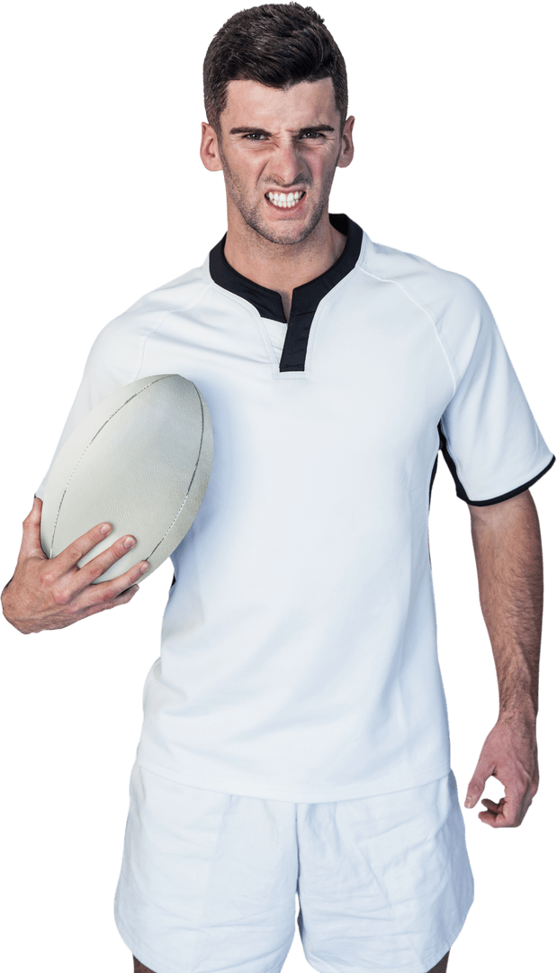 Angry Rugby Player in White Uniform Holding Rugby Ball Transparent Background
