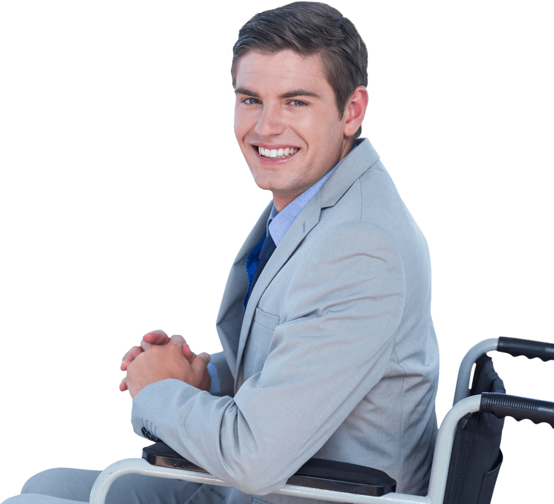 Transparent Image of Smiling Businessman Sitting on Wheelchair