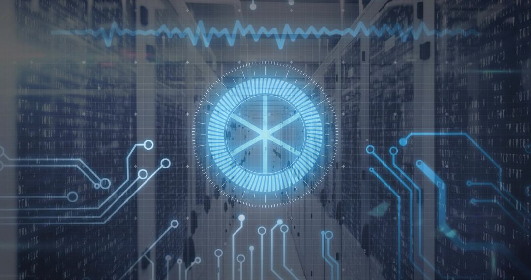 Holographic cybersecurity HUD monitoring server racks corridor with digital circuit overlay