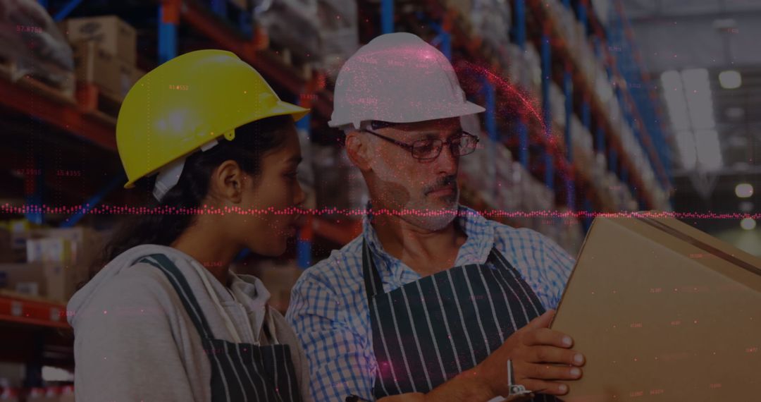 Diverse Warehouse Workers Analyzing Shipment Against Data Background