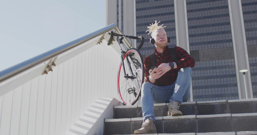 Modern Urban Cyclist Relaxing by the Bridge with Technology