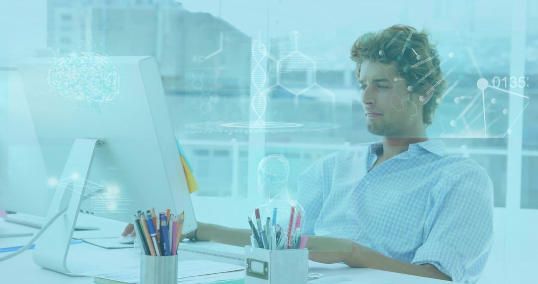 Young Professional Working at Desktop with Headset and Futuristic Holographic Interface