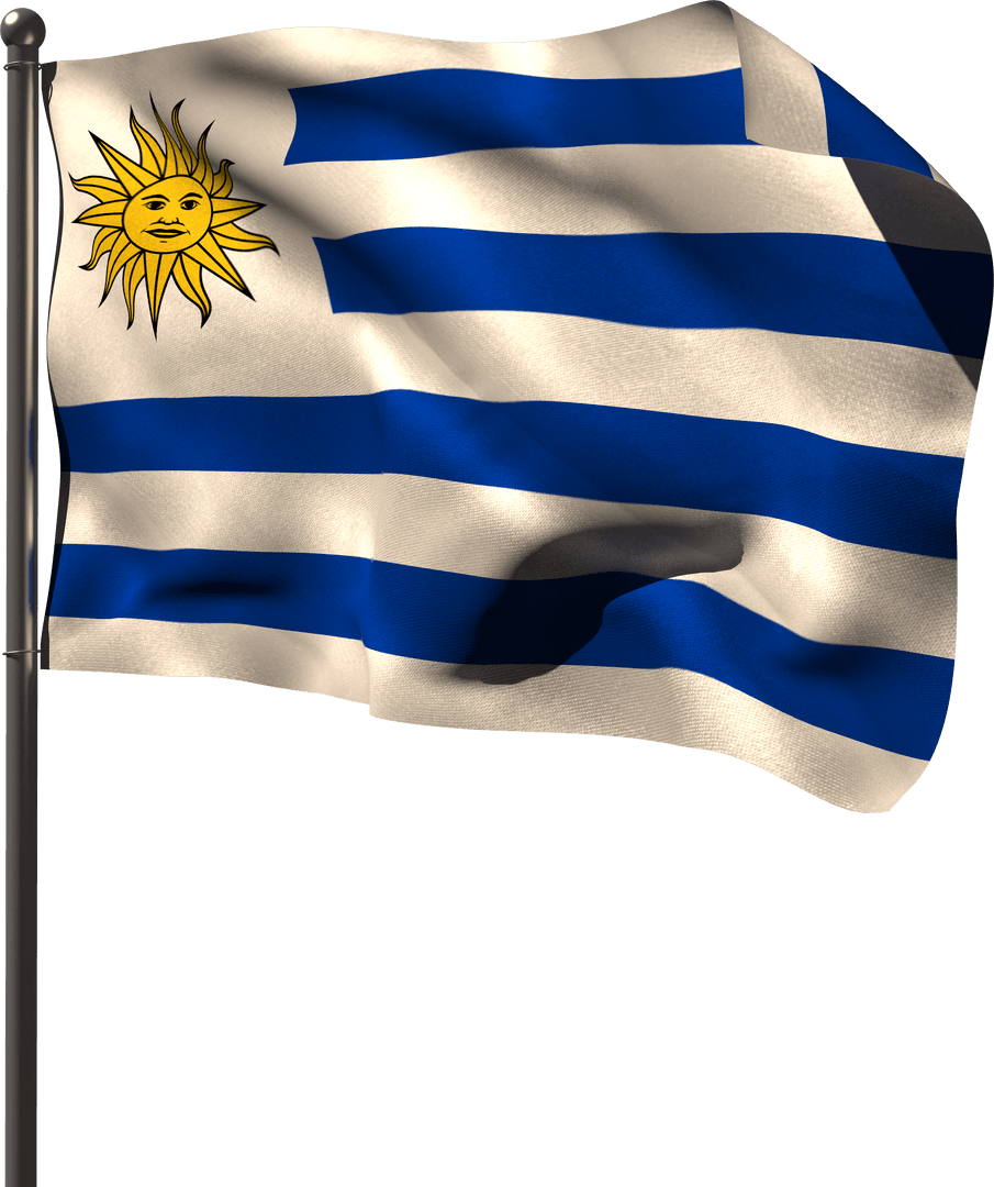 Transparent Rippled Flag of Uruguay on Metal Flagpole Symbolizing National Pride
