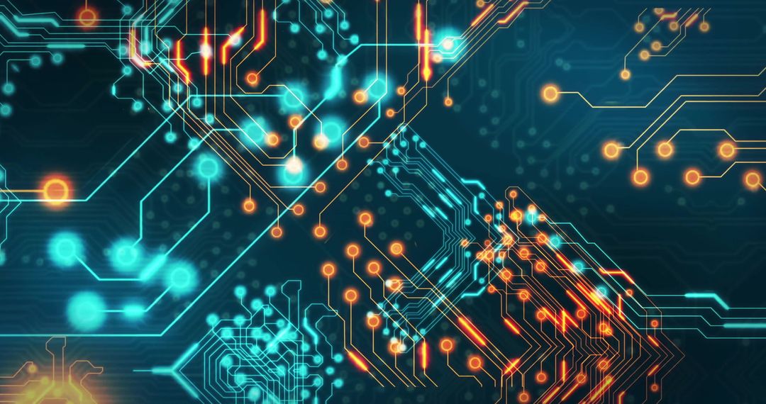 Futuristic Circuit Board with Neon Blue and Orange Electric Connecting Lines