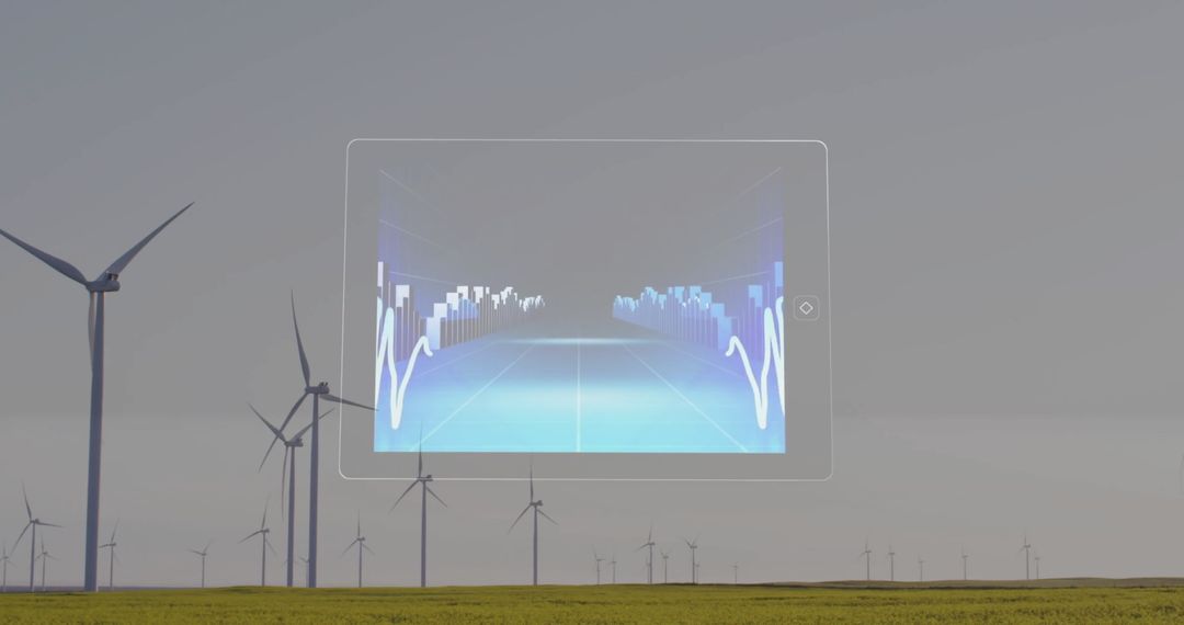 Tablet Interface Over Wind Turbines Signifying Renewable Energy Technology