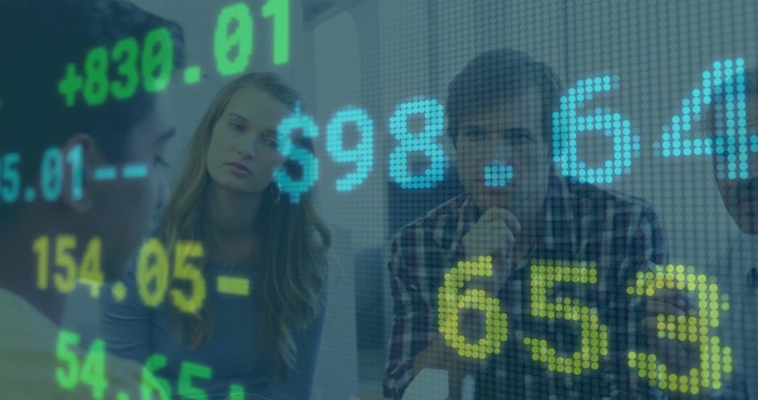 Team of Analysts Discussing Stock Market Data with Digital Ticker Overlay on Boardroom