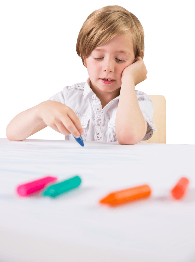 Caucasian Boy Drawing With Crayons on Transparent Background