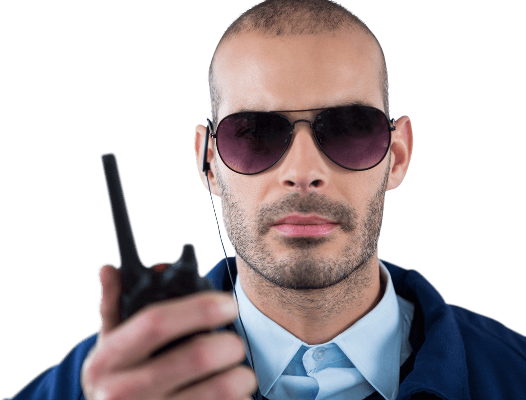 Serious Security Officer with Transparent Background Holding Walkie Talkie