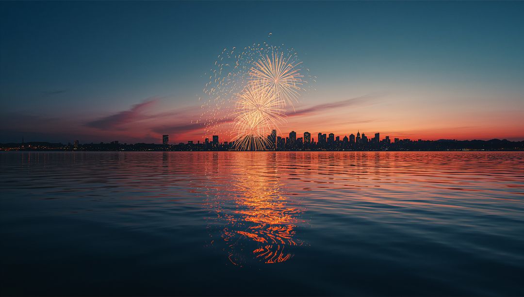 City Skyline Reflections and Fireworks over Calm Waters at Dusk