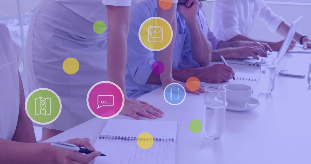 Collaborative Business Meeting with Digital Technology Icons