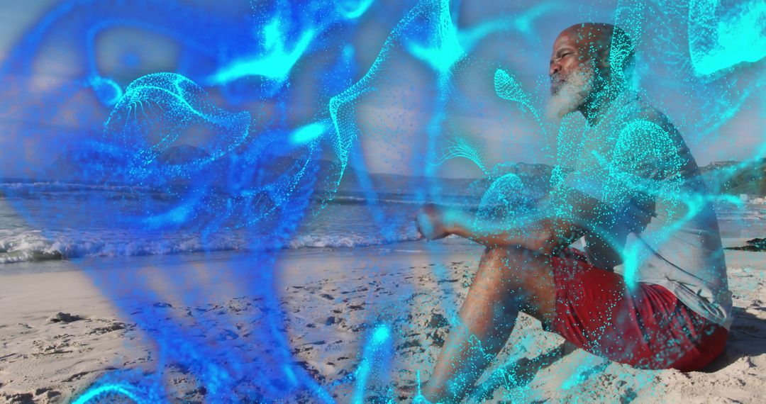 Meditative Man at Beach with Digital Holographic Effects