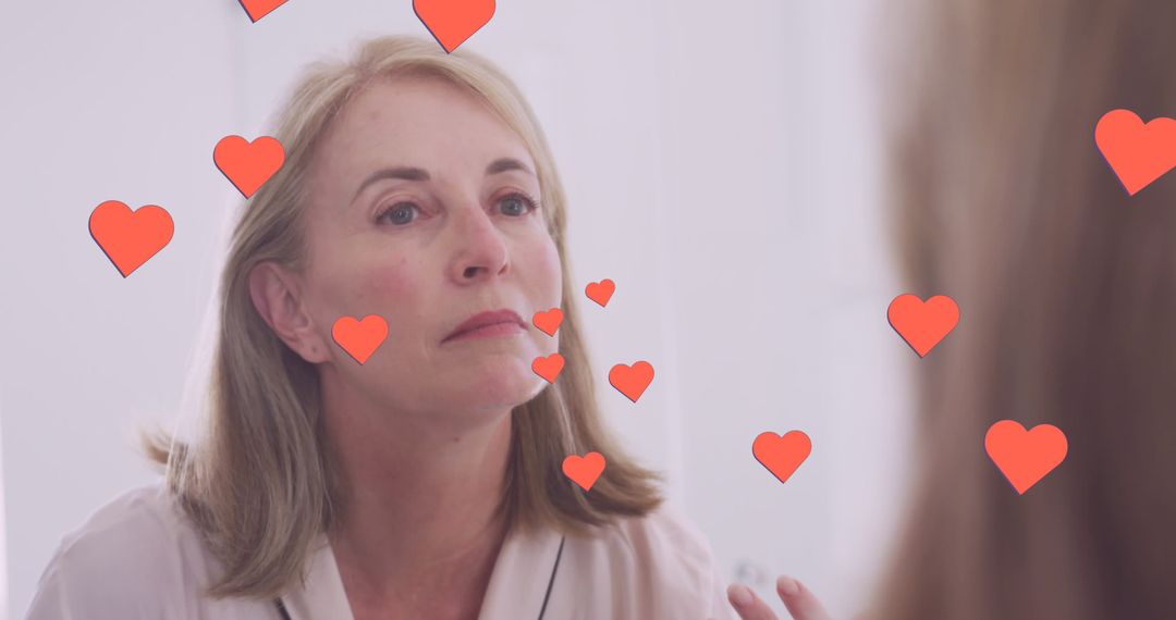 Woman Reflecting Lovingly in Front of Mirror with Heart Icons