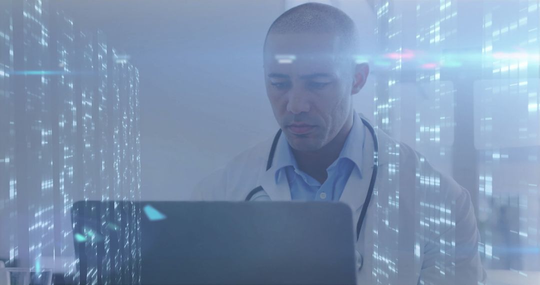 Doctor Using Laptop in High-Tech Medical Environment