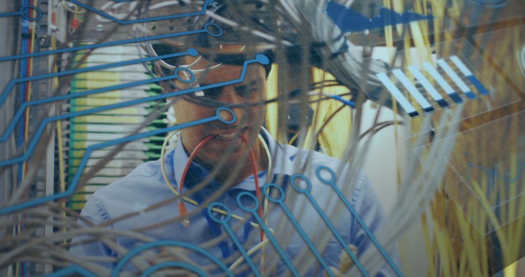 Engineer Innovating in a Futuristic Server Room Interface