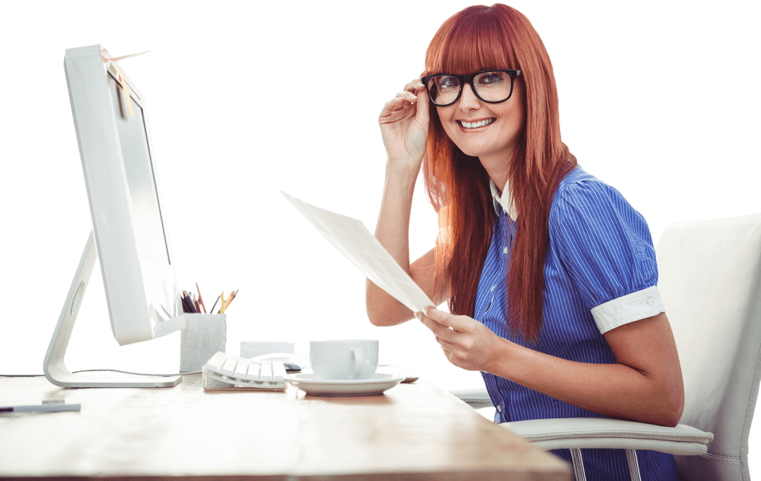 Smiling Redhead Businesswoman with Notes Against Transparent Background