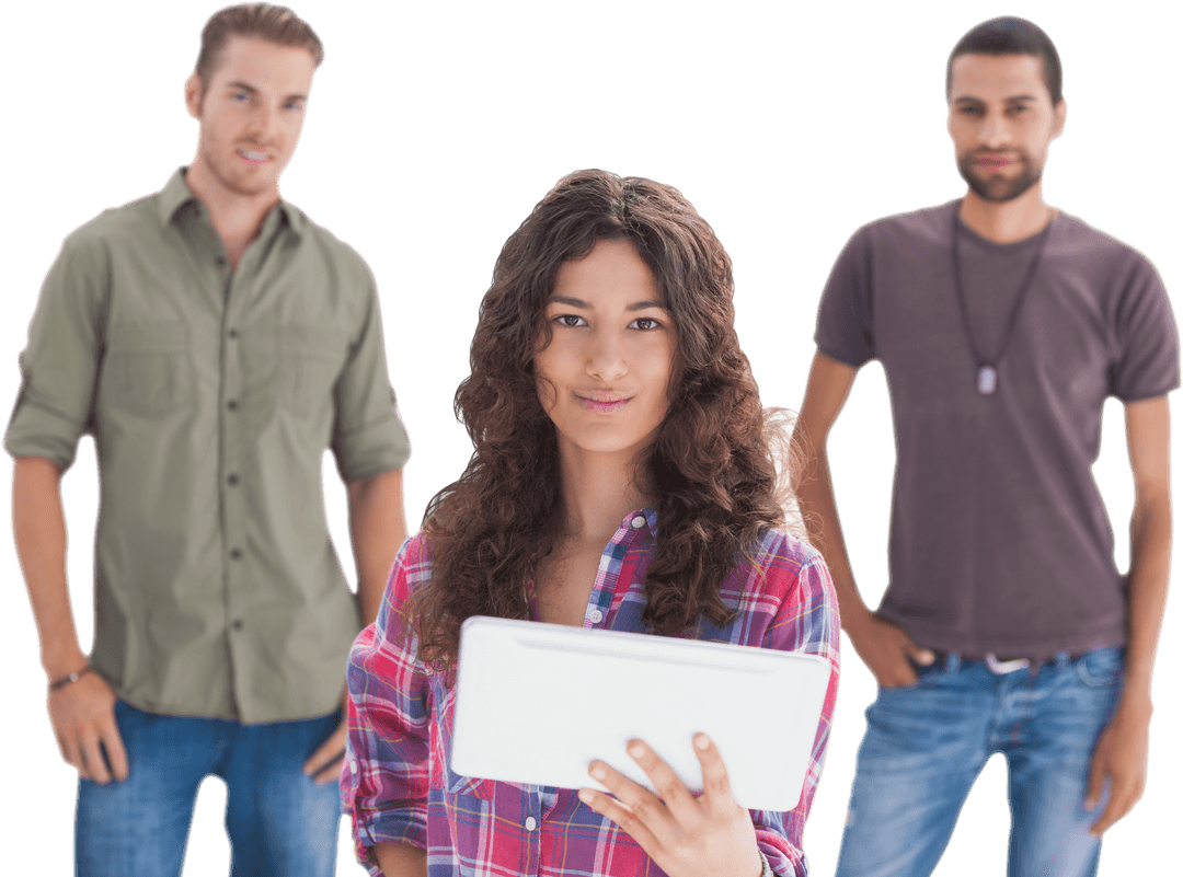 Fashionable Friends with Tablet on Transparent Background