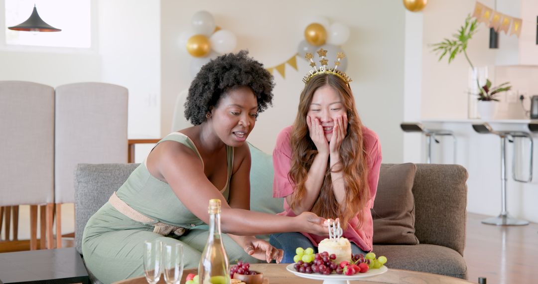 Happy Diverse Couple Celebrating Birthday with Cake