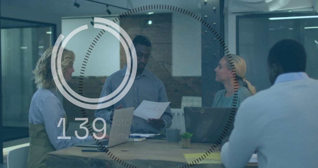 Team Collaboration on Modern Office with Data Visualization Overlay