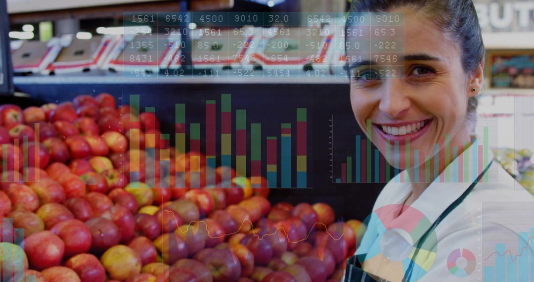 Clerk with Financial Charts Overlaying Apples in Grocery Store