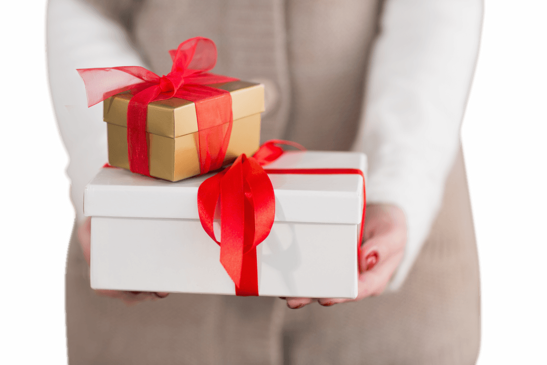 Woman Holding Gift Boxes with Red Ribbons on Transparent Background