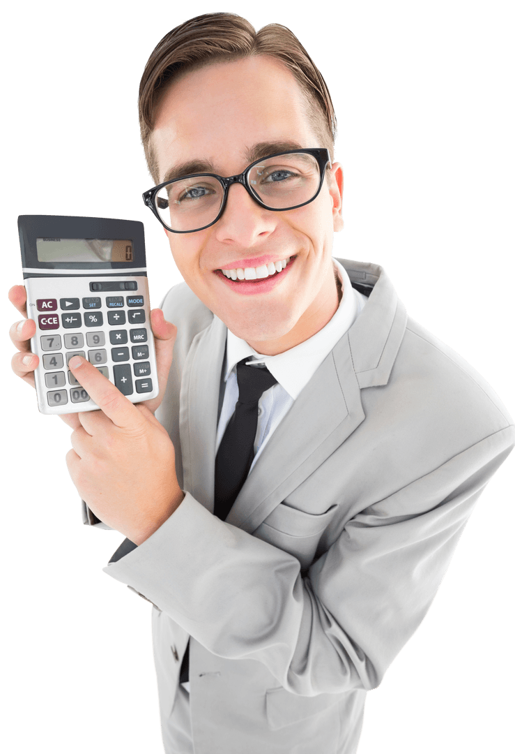 Transparent Happy Businessman Showing Calculator Geek Style