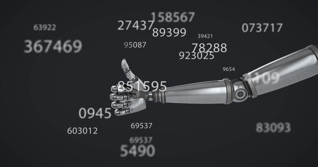 Robotic Arm Giving Thumbs Up Among Dynamic Digital Numbers