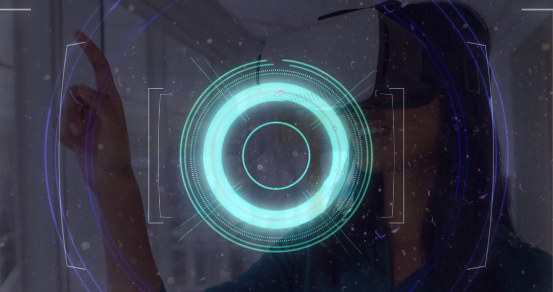 Woman Engaging with Virtual Reality Interface in Office