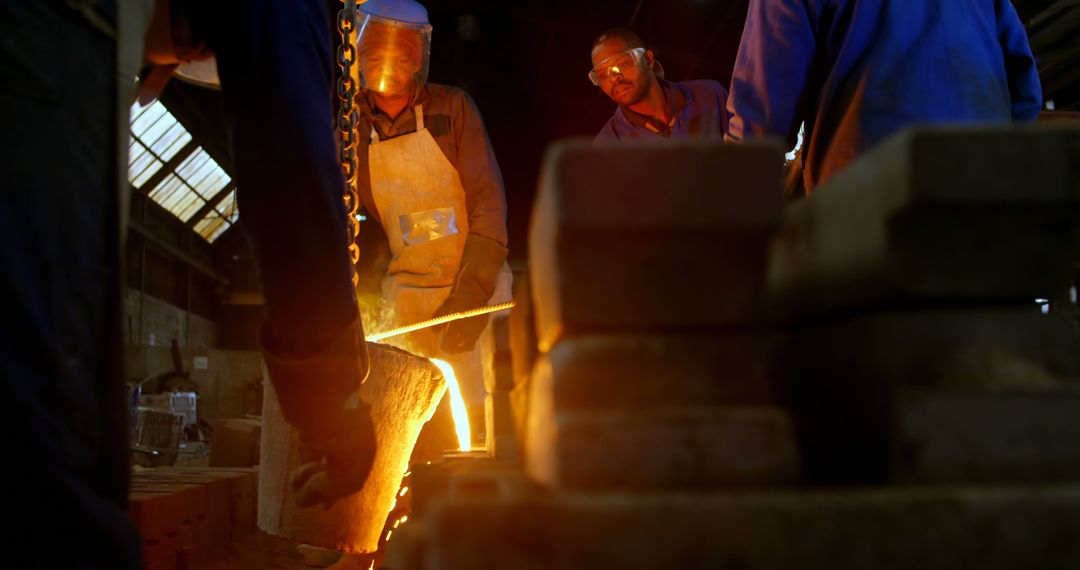 Workers Pouring Liquid Metal in Foundry Wearing Protective Gear - Free Images, Stock Photos and Pictures on Pikwizard.com