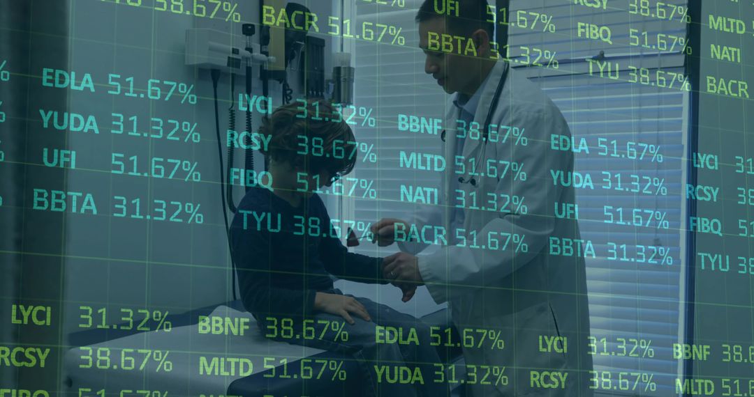 Pediatrician examining child patient during clinic visit with digital health data overlay