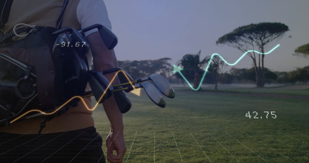 Golfer Walking Across Fairway with Data Visualization Overlay