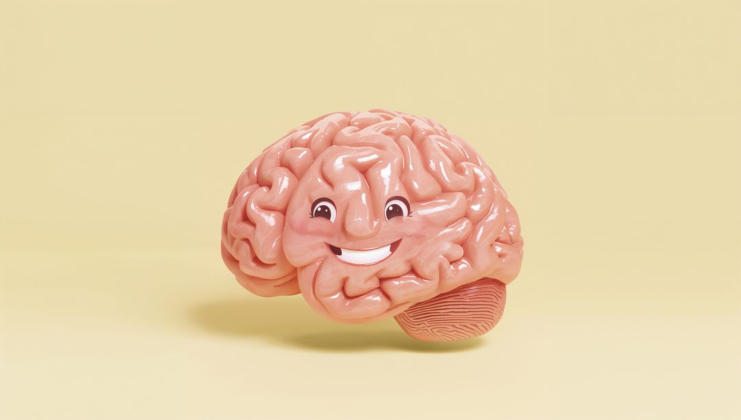 Cheerful 3d cartoon brain with smiley face on yellow background